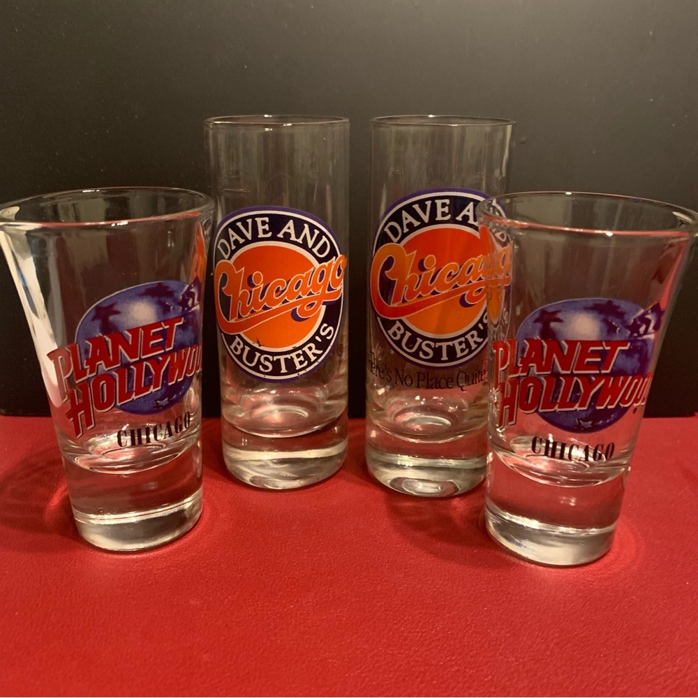 Set of 4 shot glasses- Chicago: Planet Hollywood, Dave and Busters